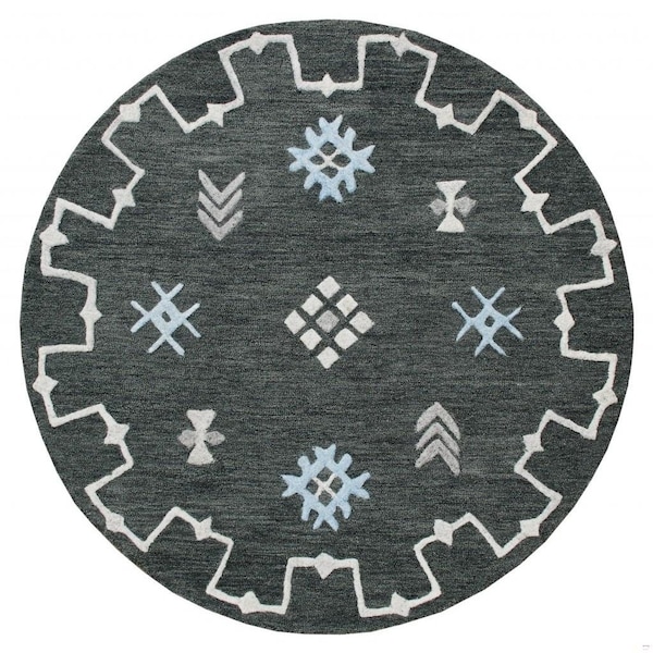 Homeroots 5 ft. Round Charcoal Geometric Border Area Rug 396255 - main